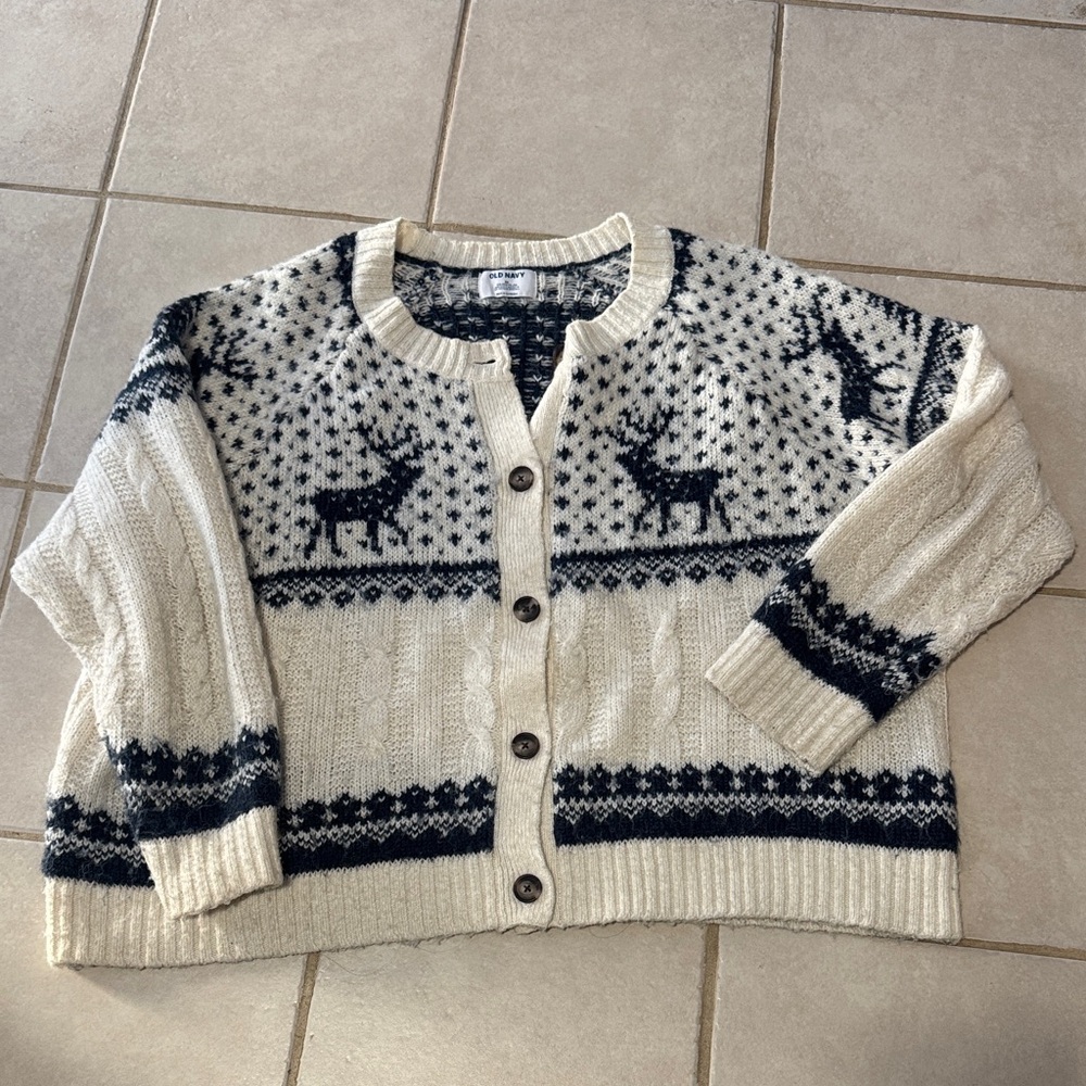 Old Navy Reindeer Cardigan - Cream and Navy
